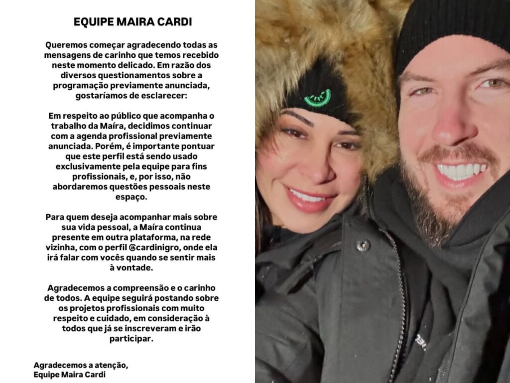 Maíra Cardi anuncia, com emoção, a perda do bebê e confirma que seguirá com sua agenda profissional, utilizando o Instagram apenas para conteúdos de trabalho.